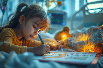 Girl drawing in a hospital bed, sick kid in hospital, patient with pen learning.