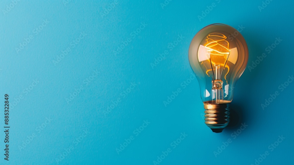 Poster inventive concept - light bulb on blue horizontal background with text space for each bulb