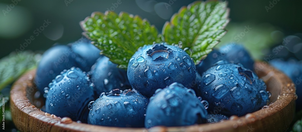 Poster Fresh Blueberries with Dew Drops in a Wooden Bowl