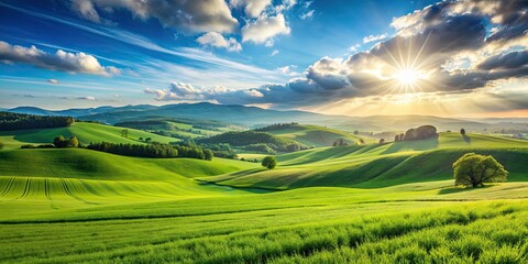 Fototapeta premium Green field with hills in countryside under sunny sky