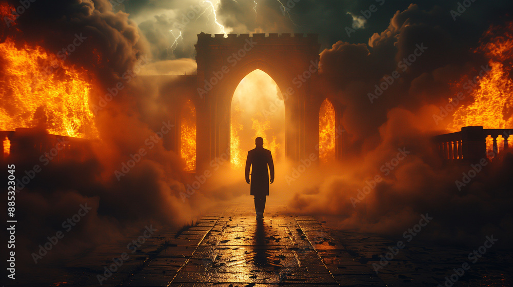 Wall mural lone figure in fiery apocalyptic scene