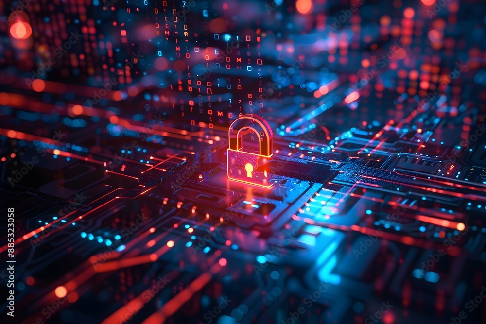 Poster digital security concept with glowing lock on circuit board