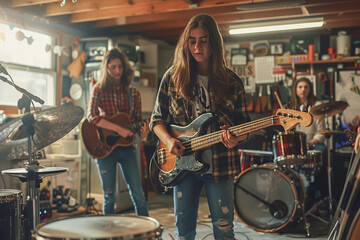 Garage band, musicians playing instruments indoors, friends rehearsing music