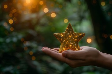 Hand Holding a Sparkling Star Ornament in a Magical Forest