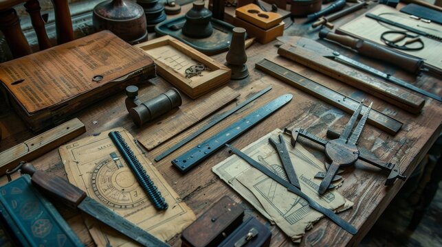 Vintage Tools and Papers on Wooden Table.