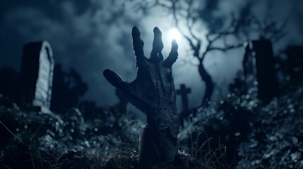 Zombie Hand Emerging from Grave in Spooky Cemetery at Night