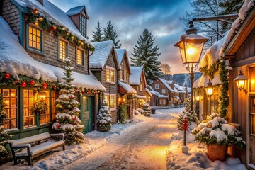 Fototapeta premium Quaint snow-covered cottages and wooden shops line a serene, snowflaked village street, adorned with vintage lanterns and evergreen garlands, beneath a misty winter sky.