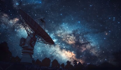 Radar radio telescope dish against night sky with stars and milky way, futuristic space technology background