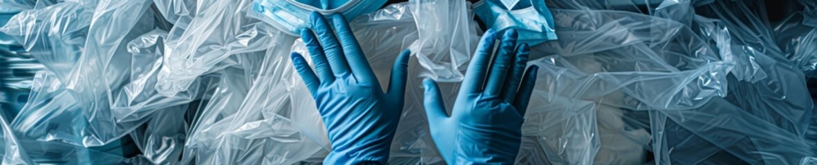 Fototapeta premium In the aftermath of the COVID-19 pandemic, garbage contamination caused by discarded personal protective equipment, gloves, disposable masks and shoe covers of medical workers.