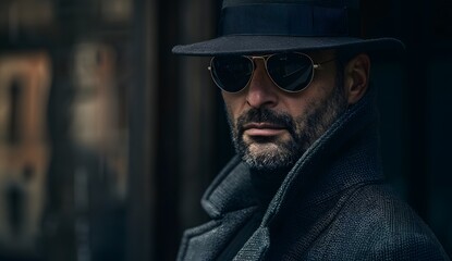 Obraz premium Handsome man in sunglasses and hat, wearing an elegant coat. The background is dark with a blurry street scene. 