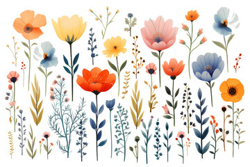 Naklejka premium Floral set Composition with Soft Colors and Wild Flower Motifs, minimal, minimalistic, flat design.