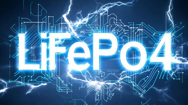 The inscription "LiFePo4" on the background of electrical discharges and a printed circuit board.
Concept: modern technologies, energy and batteries, innovation electricity.