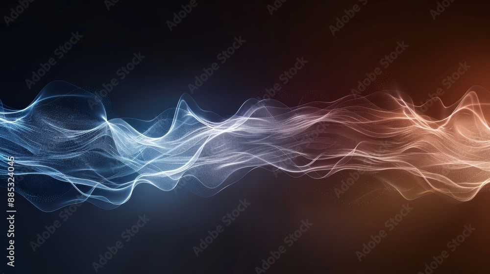 Poster abstract waveforms in a dark background, one in blue and the other in red, creating a dynamic and et