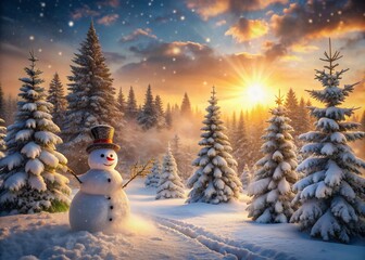 Obraz premium Winter wonderland scene with snowman surrounded by snow-covered pine trees, warm golden light casting a serene ambiance, frosty misty air fills the atmosphere.