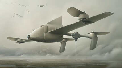 A futuristic, white drone with a unique design soars through the clouds.