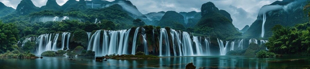 Fototapeta premium Serene Waterfall Cascading Through Lush Green Landscape