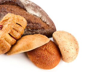 Pastries, buns and bread Isolated on a white. Free space for text.