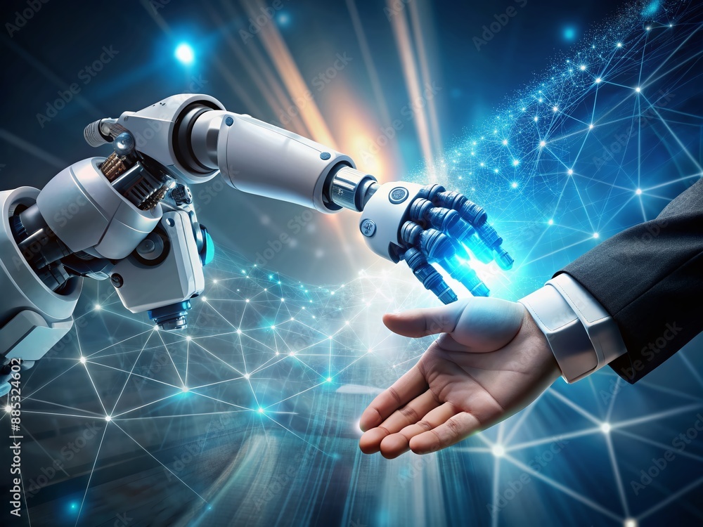 Poster robot arm and human hand merge in augmented reality, integrating ai, big data, and automation, symbo