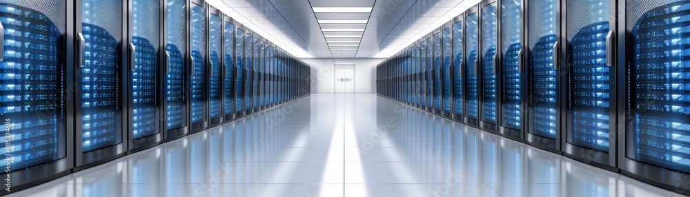 Poster futuristic data center with rows of server racks, glowing blue lights, and reflective floors in a hi