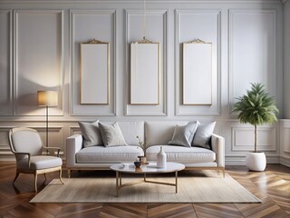 Elegant white canvas backdrop frames sleek minimalist furniture, exuding refined Parisian sophistication in this chic living room design, epitomizing understated luxury and modern refinement.