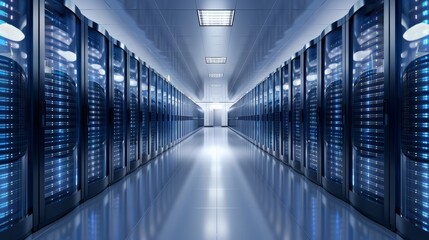 Fototapeta premium Modern data center hallway filled with server racks and blue lights, illustrating advanced technology and network infrastructure.