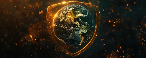 a shield containing a globe with a sparkling black background