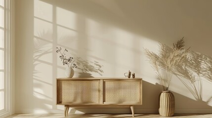 An elegant minimalist counter mockup designed for product presentations. Branding in Japanese style with bright wood counter and warm white walls featuring a vase plant and a flower candle. Kitchen