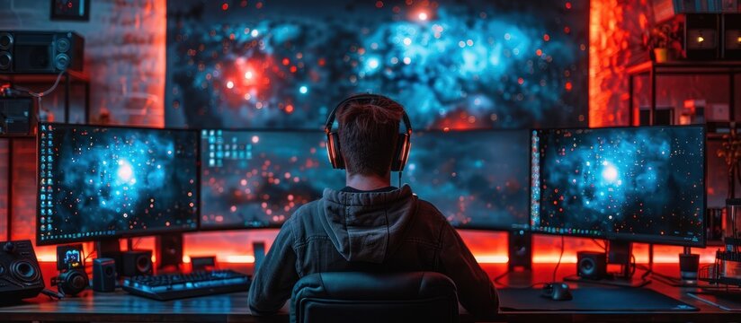 Gamer in a Neon Lit Setup with Triple Monitors