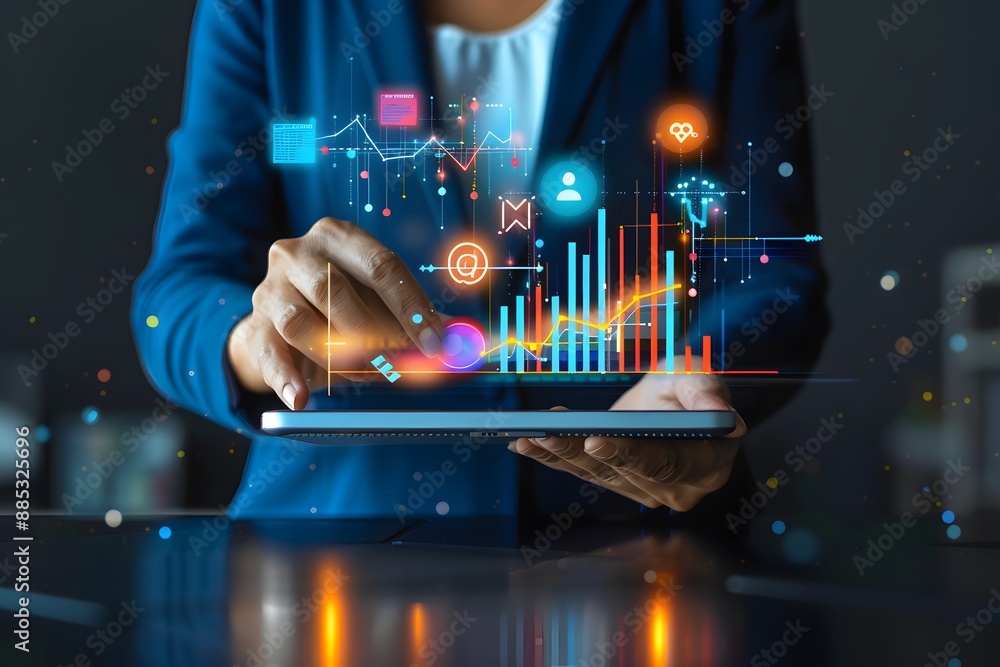 Poster business professional analyzing data on a digital tablet with holographic graphs and icons