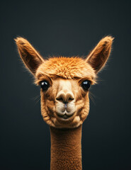 Obraz premium close-up portrait of an alpaca with a soft, fluffy coat and expressive, large eyes. The alpaca's face is centered, and the background is a solid dark color, highlighting its features