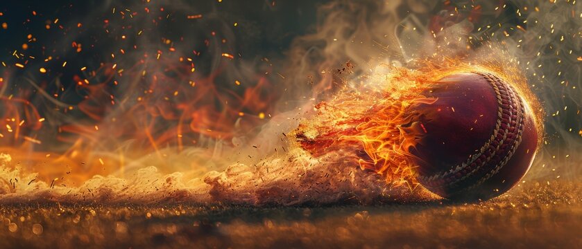 Spinning red leather cricket ball engulfed in flames, photorealistic, captured mid-action on a floodlit pitch with a dark background, space for text.