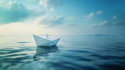 Obraz premium Small paper boat is flowing along the river. Beauty of nature,freedom,tourism,exploration and travel concept.