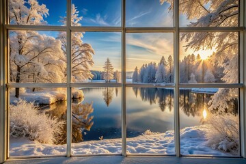 Frosted windowpane reveals a serene winter landscape, snow-covered trees, and frozen lake, bathed in soft, warm sunlight, evoking a sense of peaceful solitude.