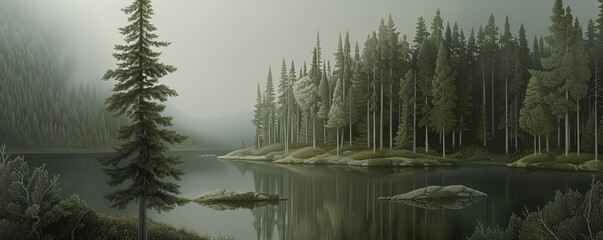 A misty forest lake with tall trees and a tranquil atmosphere.