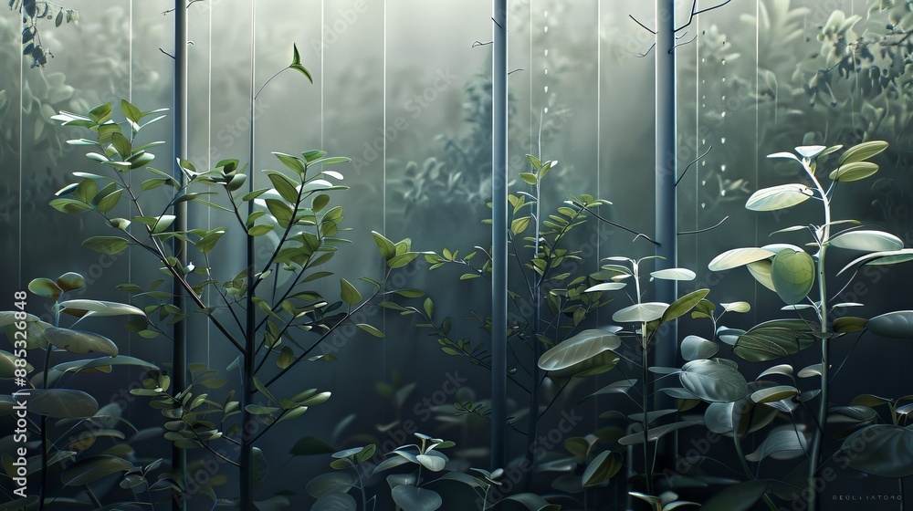 Poster a misty, ethereal forest scene with sunlight filtering through the trees.