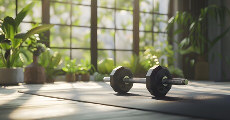 Close up of dumbbell on yoga mat in home gym with green plants, hd photo. wide angle lens natural lighting