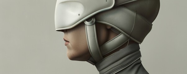 A person wearing a futuristic helmet, looking to the side.