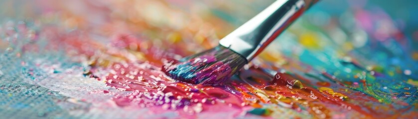 Obraz premium A close-up of a paintbrush applying vibrant red paint on a canvas, with colorful splatters in the background, perfect for art inspiration