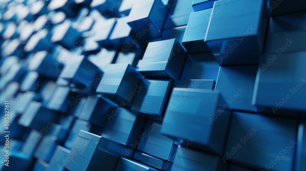Poster 3d render of a blue, glossy tech background with arranged blocks.