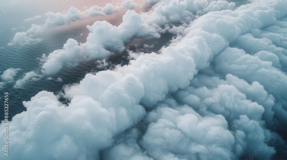 Poster a calm and tranquil scene showcasing a vast expanse of fluffy clouds, creating a dreamlike and peace