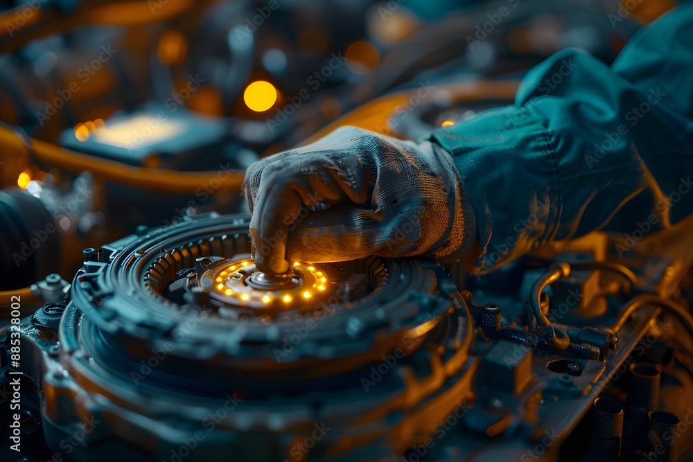 Poster mechanic's gloved hand working on a complex engine component