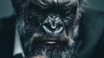 A striking photo of a gorilla in a suit, appearing deep in thought and contemplation, which contrasts its wild nature with a sophisticated human-like appearance.