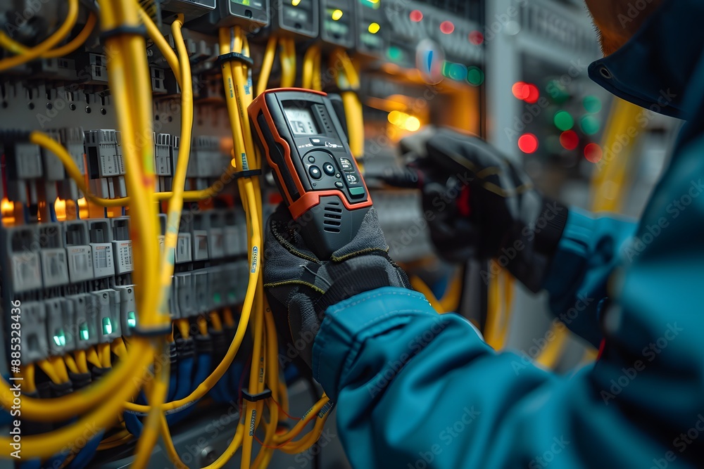 Aufkleber technician using multimeter to test electrical connections in a control panel