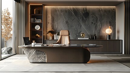 Modern Luxurious Office with Marble Accents and Elegant Lighting