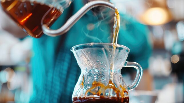 Steaming coffee being poured into a Chemex coffee pot by a barista, exemplifying skill, precision and the art of coffee making in a contemporary setting. - Powered by Adobe