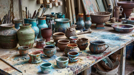 A workbench covered with pottery pieces in various stages of painting and glazing