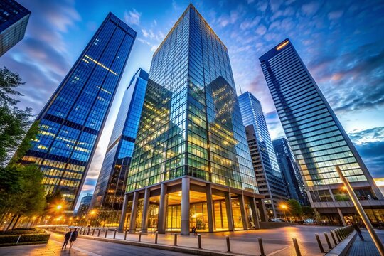Contemporary high-rise bank building with sleek glass and steel facade, reflecting blue sky and cityscape, situated in urban financial district at dusk.