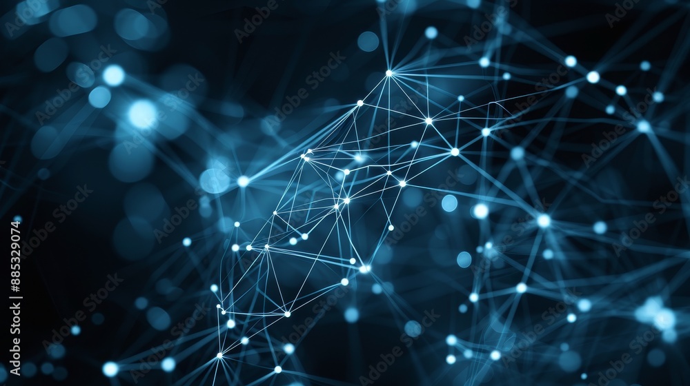 Poster a dark background accentuating the glow of interconnected lines and dots representing a high-tech ne