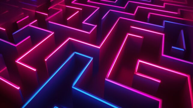 A dark 3D maze with neon edges  AI generated illustration