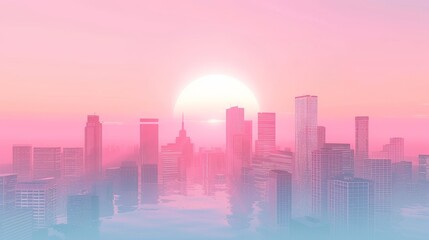 Fototapeta premium A delicate pastel gradient sunrise depicting the silhouette of an eco-city AI generated illustration